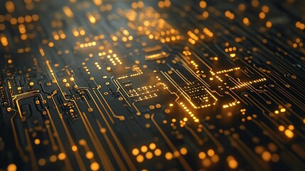 Close-up of a glowing illuminated circuit board with intricate lines and points of light.