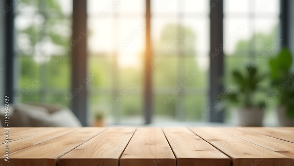 Poster wooden table top is highlighted against a blurred window glass background in selective focus photogr