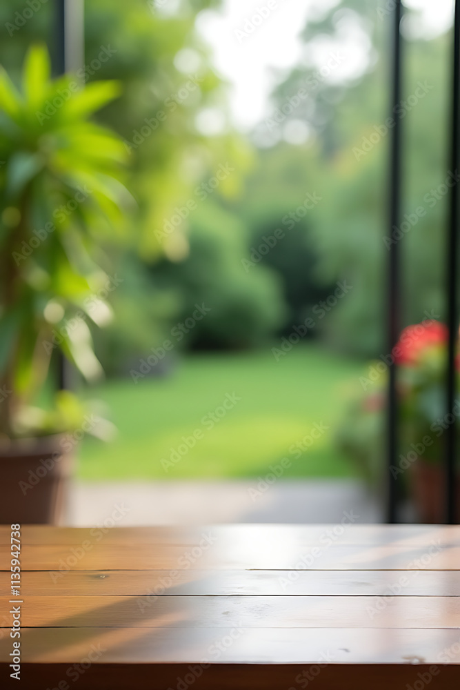 Poster wooden tabletop blends with blurred glass and vibrant greenery in a serene view from an adjacent gar