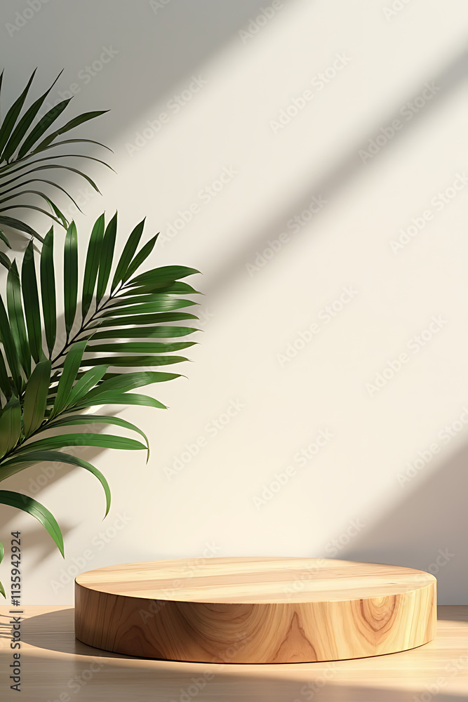 Aufkleber Wood table or product display platform design features a subtle shadow of a palm leaf on a textured wall background._00002_