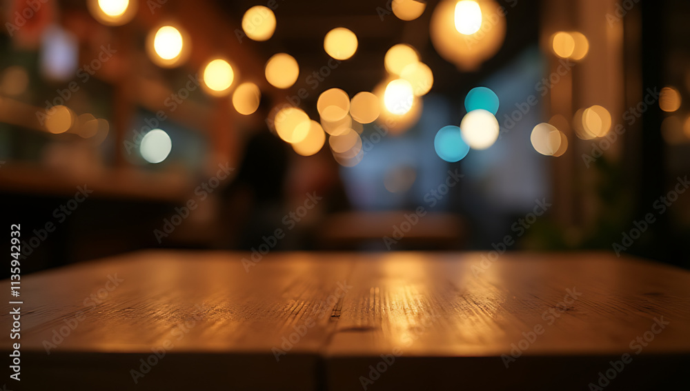 Poster wood table top with blurred light bokeh in dark background of a cafe at night atmosphere shines soft
