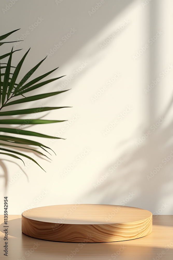 Poster Wood table or product display platform design features a subtle shadow of a palm leaf on a textured wall background._00001_