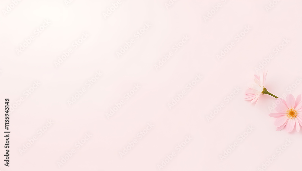 Poster white paper space features a simple yet elegant design with a single pink flower on a soft pastel co