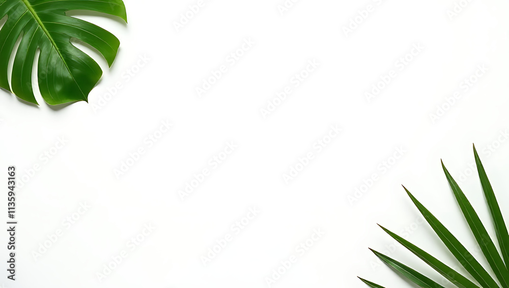 Poster white background features tropical leaves with natural elements evoking a sense of summer freshness 