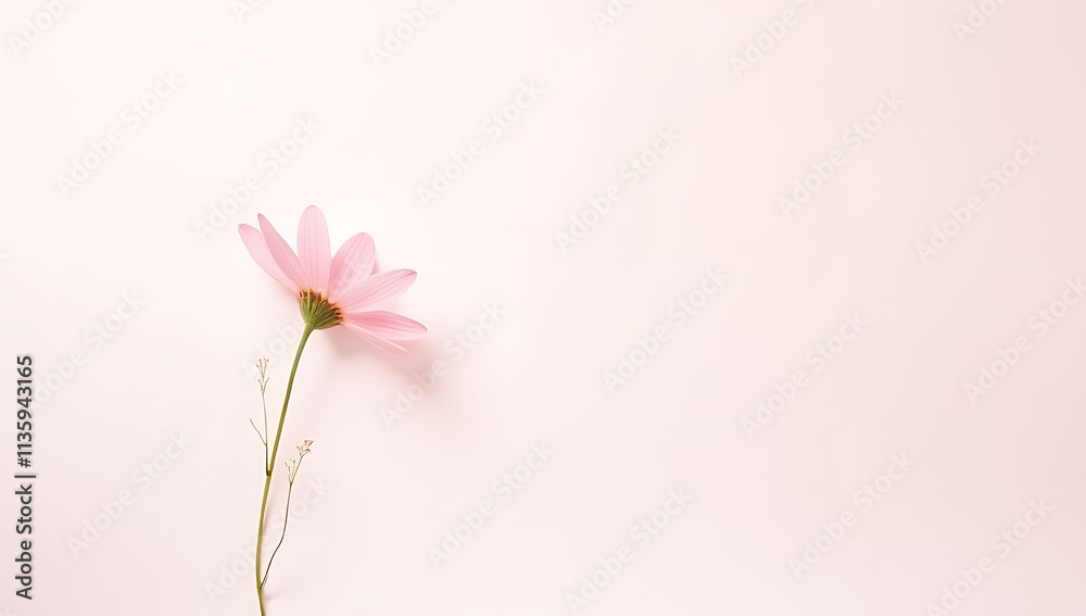 Poster white paper space features a simple yet elegant design with a single pink flower on a soft pastel co