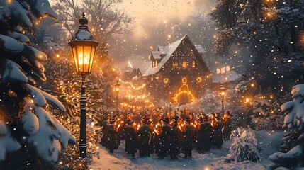 A cheerful group of carolers singing beneath a glowing lamppost, surrounded by snow-covered trees and falling snow, lanterns casting warm light on their faces,