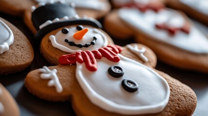 Close-up of a decorated snowman gingerbread cookie.
