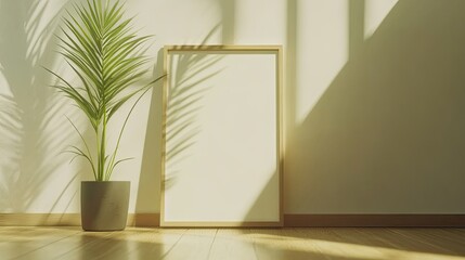 Fototapeta premium Light illuminates a blank frame and plant
