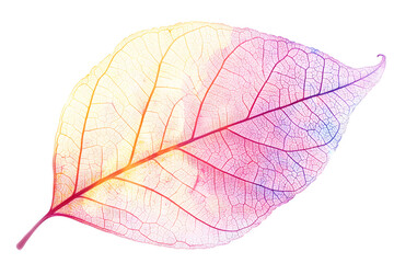 Obraz premium Colorful translucent leaf with gradient hues of pink, yellow, and purple, delicate leaf veins, natural botanical art, abstract foliage design, minimalist nature macro photography