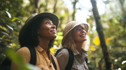 two people hiking in a jungle