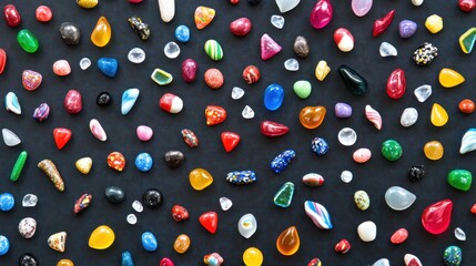 Colorful stones and glass pieces arranged on a dark surface
