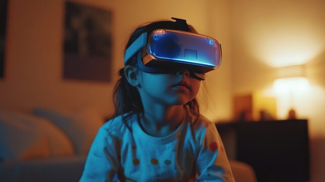 girl using virtual reality headset in living room - Powered by Adobe