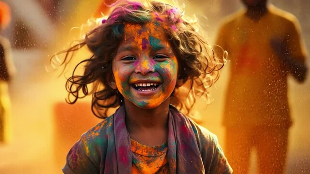 A Burst of Color and Joy: A young girl's face glows with vibrant hues, her laughter echoing the joy of Holi, the festival of colors. Her eyes sparkle with pure delight.