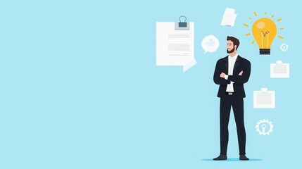 A businessman stands confidently with ideas and documents around him.