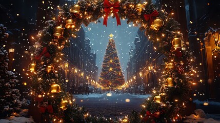 A Christmas wreath adorned with golden bells and shimmering snowflakes, opening like a portal to a dazzling holiday ballroom with a giant Christmas tree, twinkling chandeliers,