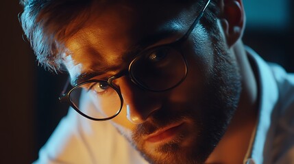 Close-up portrait of a man wearing glasses, illuminated by warm light.