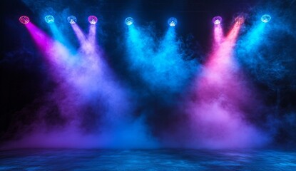 Naklejka premium Vibrant Stage Lights with Smoke and Fog, Blue and Pink Neon Lights, Concert Background