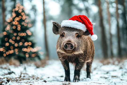 Holiday Magic in the Forest. Wild Boar in Santa Hat by Glittering Christmas Tree. - Powered by Adobe