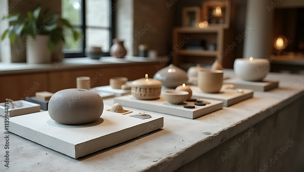 Aufkleber the tabletop has a cement surface that showcases products, serving as a selective focus display plat