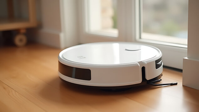 The robot vacuum cleaner effectively navigates both wood and laminate floors in homes with smart life concepts integrated._00001_