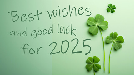 New year greetings four-leaf clovers on a mint green cardboard. Best wishes and luck for 2025