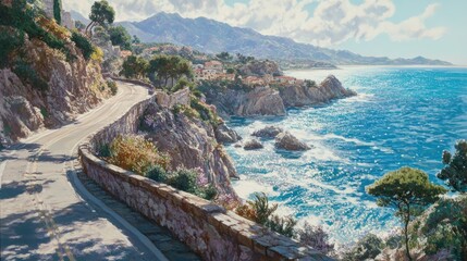 Obraz premium Coastal Road Winding Through Mediterranean Village