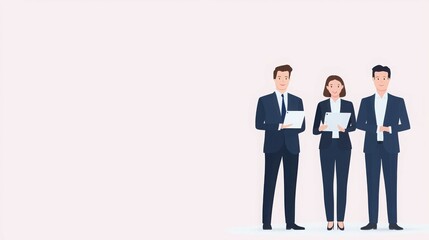 Three professionals in suits holding documents, set against a light background.