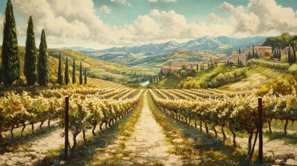 Fototapeta premium Tuscan Vineyard Landscape With Rolling Hills And Cypress Trees