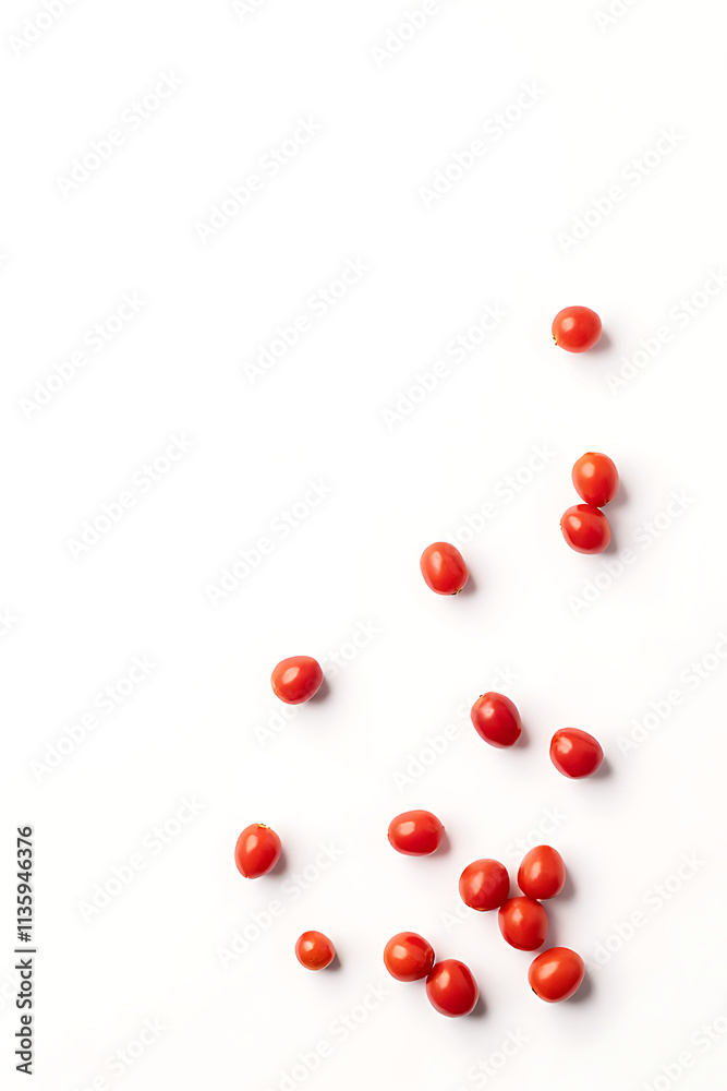 Aufkleber Scattered cherry tomatoes create a minimalist and visually striking pattern against a simple white background in these design concepts._00002_