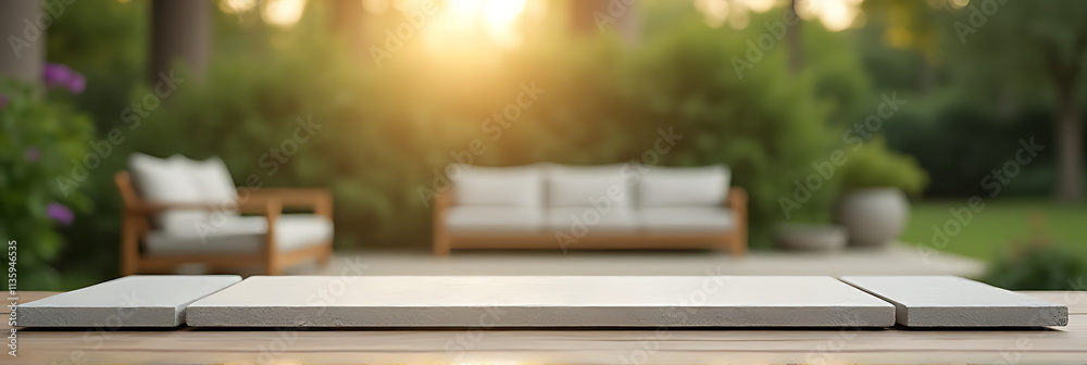 Aufkleber Sandstone top product display platform features a living room and garden setting with a unique Bokeh effect in the background._00001_