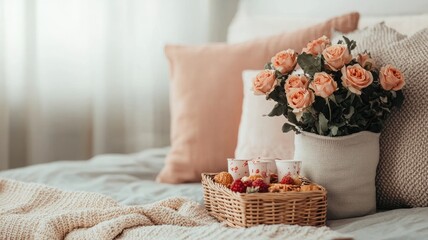 A cozy bedroom setting featuring a bouquet of roses, soft pillows, and a wicker basket, creating a warm and inviting atmosphere.