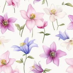 Beautiful floral seamless pattern featuring pink, white, and purple flowers with delicate petals and green leaves, perfect for fabric or wallpaper design