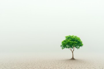 A solitary green tree stands resilient in a barren landscape, symbolizing hope and survival amidst desolation and fog.