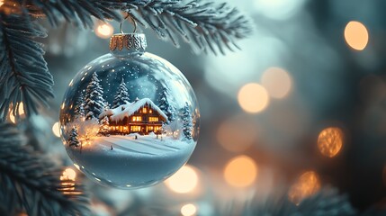 A crystal-clear glass ornament containing a tiny snowy mountain scene, complete with ski slopes and twinkling chalet windows, hanging from a decorated pine branch,