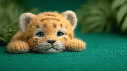 Fototapeta premium Adorable Baby Tiger Cub Felted Animal Green Background Wildlife Photography