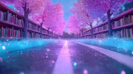 Enchanting Book Lined Path  Magical Library Road  Fantasy Landscape  Dreamy Scene