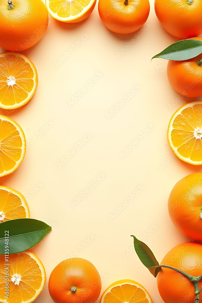 Aufkleber Orange fruit pattern on a flat lay background featuring a frame template from a top view perspective._00001_