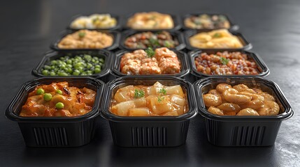 Transparent Food Box Mockup showcases an array of delicious dishes in sleek, modern containers. The dark background enhances the vibrant colors of the food, creating an inviting atmosphere.
