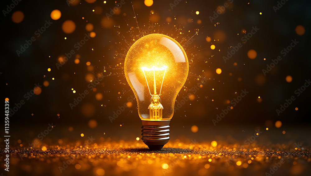 Poster old light bulb surrounded by glittering confetti explodes in a burst of creative energy, inspiring i