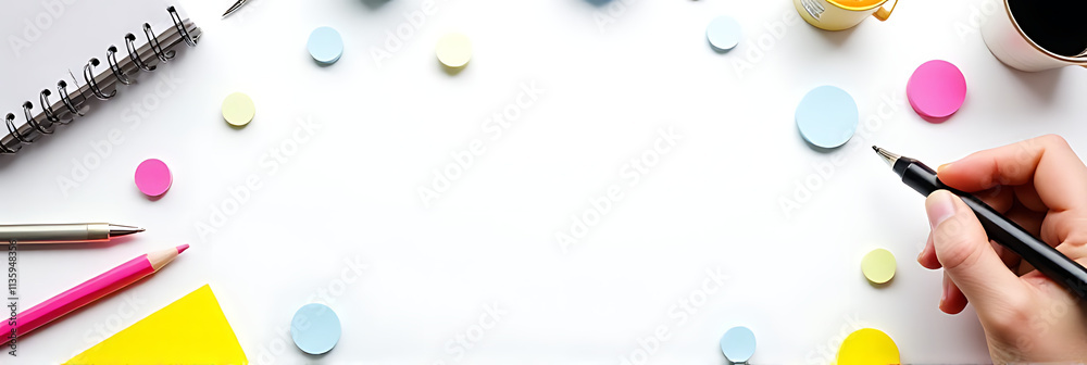 Aufkleber Office supplies arranged on a flat lay tabletop against a plain white background, creating a copy space image._00002_