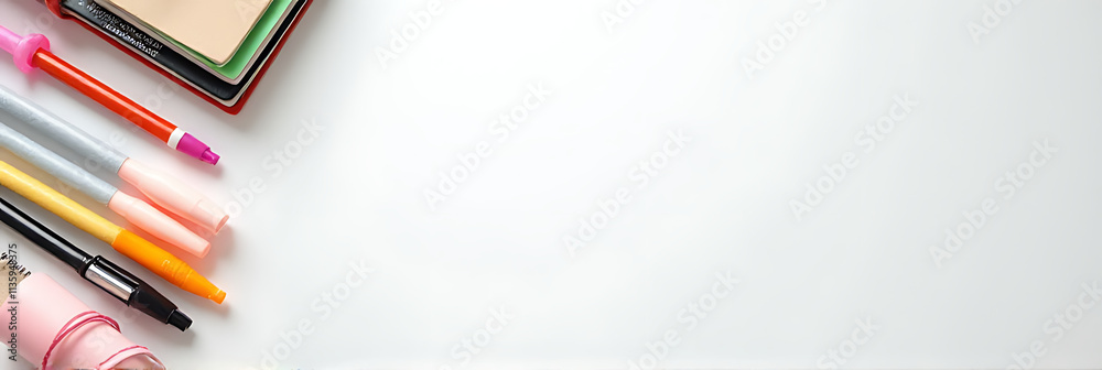 Aufkleber Office supplies arranged on a flat lay tabletop against a plain white background, creating a copy space image._00001_