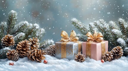 Sketch of winter christmas nature gold silver pink presents beside snow branches pinecones
