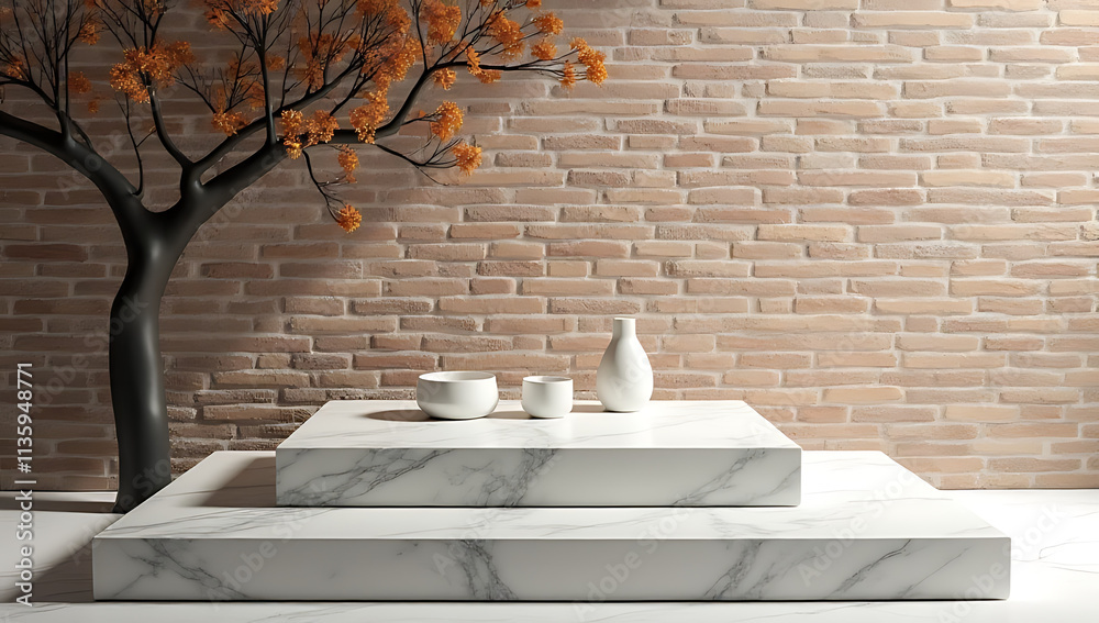 Poster Marble countertop incorporates a product display platform with a subtle shadow tree on a rustic brick wall background._00001_