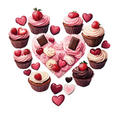 Valentine's Day concept for cupcakes with heart shape elements illustration on transparent background, 3d rendering