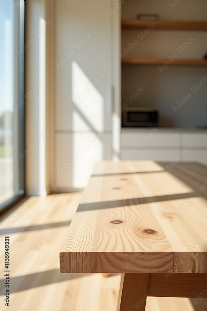 Aufkleber lightly placed wood tabletop with an abstract design blends into a minimalist kitchen room setting w