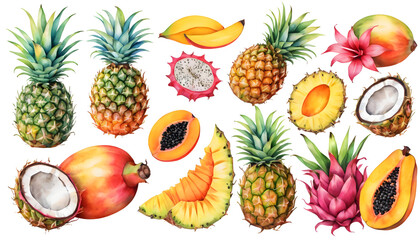 Watercolor painting featuring a vibrant mix of tropical fruits, including whole and sliced pineapples, mangoes, papayas, dragon fruits, coconuts, and pears