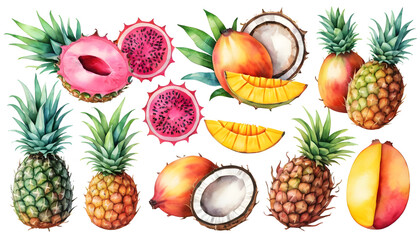 Watercolor painting featuring a vibrant mix of tropical fruits, including whole and sliced pineapples, mangoes, papayas, dragon fruits, coconuts, and pears