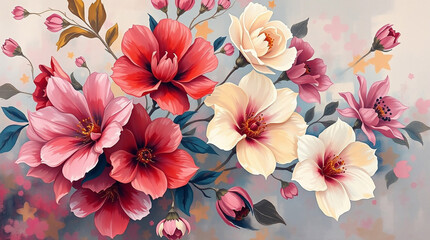 A bold acrylic painting depicting an elegant floral background with a soft dreamy atmosphere vibrant colors textured brushstrokes and hazy soft light.jpg