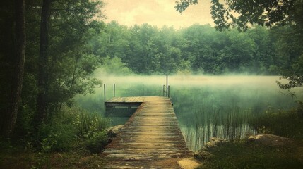 Fototapeta premium Wooden Dock Extending Into Misty Lake Forest