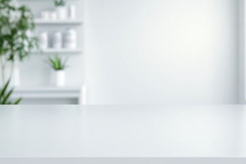 Cheerful closeup of an empty countertop in a bright white pharmacy, ideal for health products